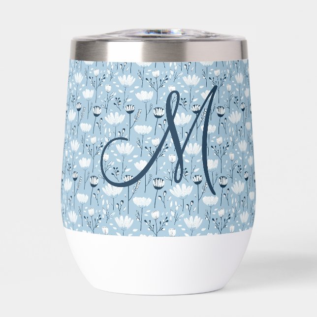 Monogram Initial Boho Blue White Florals Trendy  Thermal Wine Tumbler (Front)