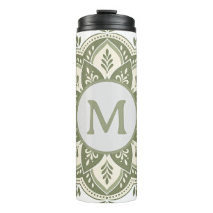 Monogram Initial Boho Mandala Sage Green Thermal Tumbler