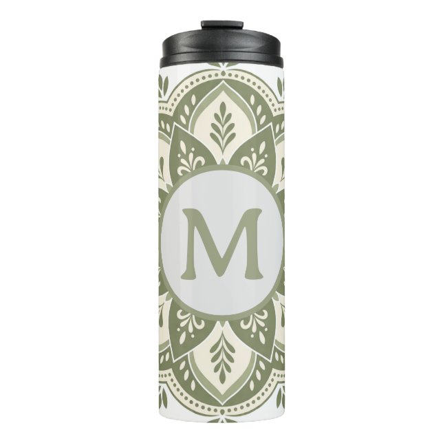Monogram Initial Boho Mandala Sage Green Thermal Tumbler (Front)