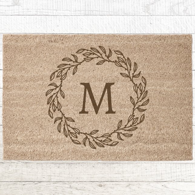 Monogram Initial Botanical Wreath Personalized Fiber Doormat (Modern monogram initial botanical leaf wreath coir doormat)