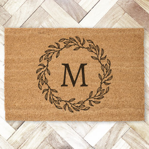 Monogram Initial Botanical Wreath Personalized Fiber Doormat