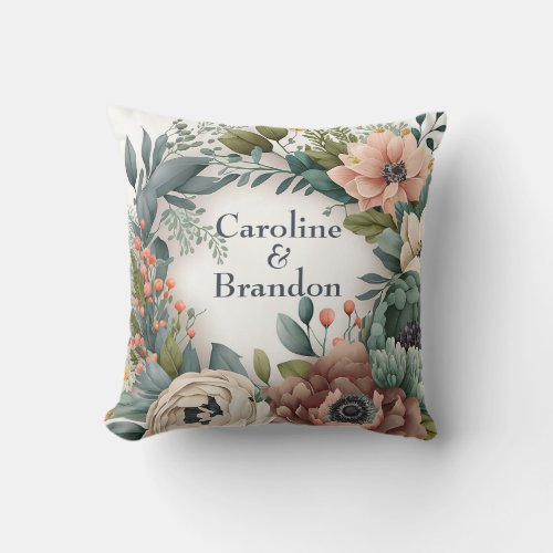 Monogram Initial Bride Groom floral Throw Pillow