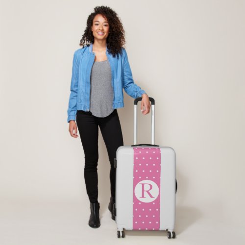 Monogram Initial Bright Pink White Polka Dots Luggage