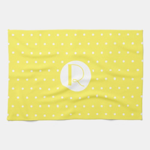 Monogram Initial Bright Yellow White Polka Dots Kitchen Towel