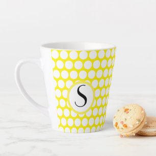 Monogram Initial Bright Yellow White Polka Dots Latte Mug
