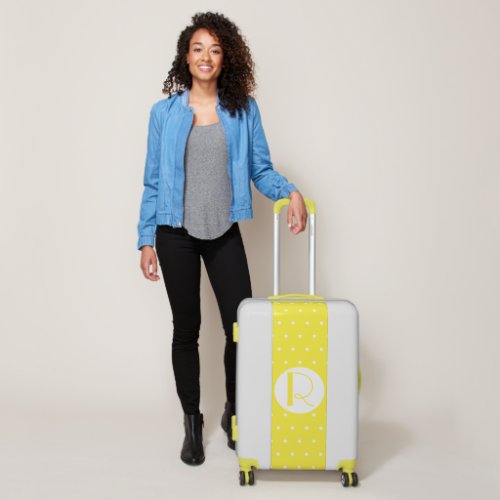 Monogram Initial Bright Yellow White Polka Dots Luggage