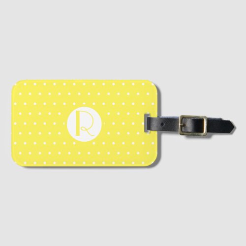 Monogram Initial Bright Yellow White Polka Dots Luggage Tag