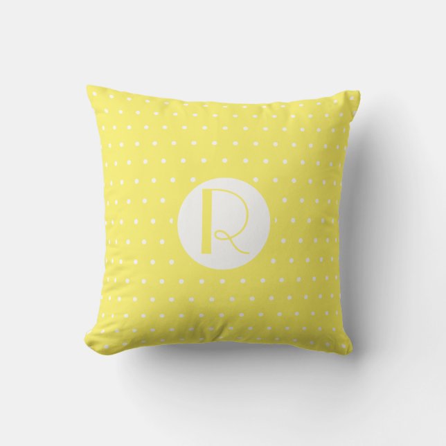 Monogram Initial Bright Yellow White Polka Dots Outdoor Pillow (Front)