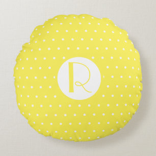 Monogram Initial Bright Yellow White Polka Dots Round Pillow