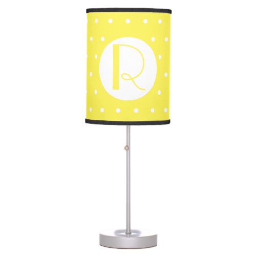 Monogram Initial Bright Yellow White Polka Dots Table Lamp