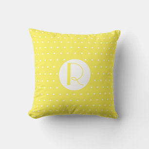 Monogram Initial Bright Yellow White Polka Dots Throw Pillow