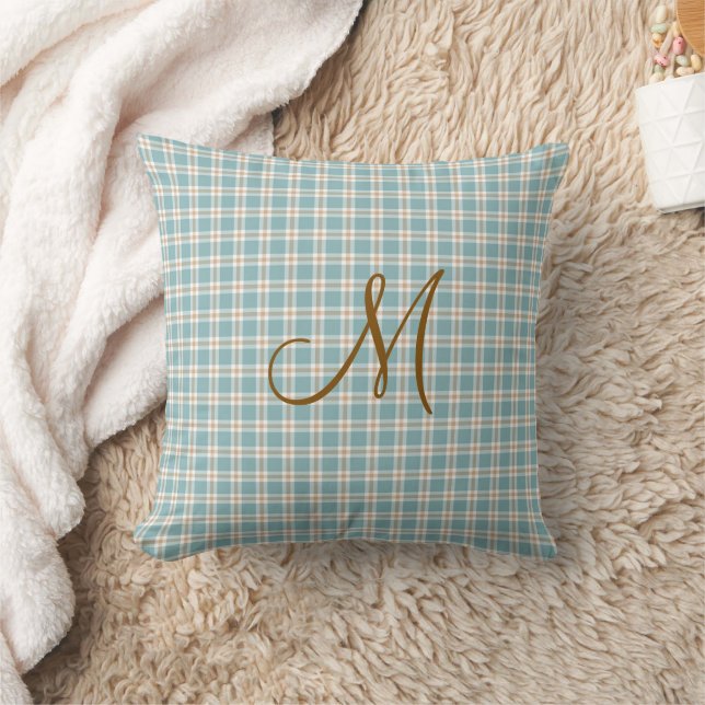 Monogram Initial Brown Light Blue and Tan Plaid Throw Pillow (Blanket)