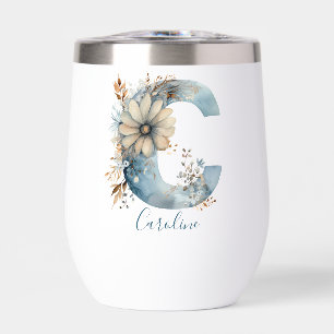 Monogram Initial C Blue Floral Watercolor Gift Her Thermal Wine Tumbler