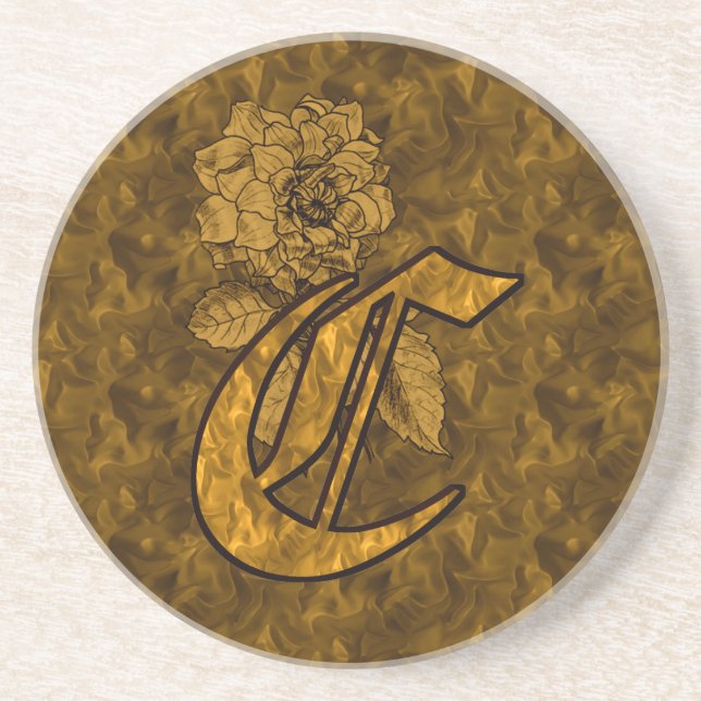 Monogram Initial C Elegant Gold Peony Flower Drink Coaster (Front)