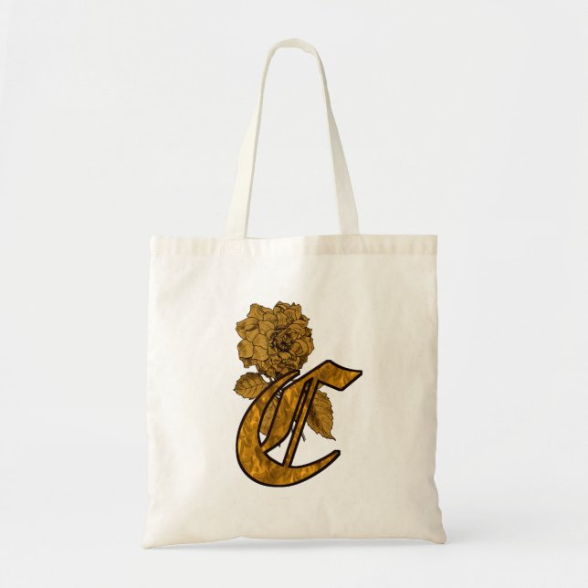 Monogram Initial C Elegant Gold Peony Flower Tote Bag (Front)