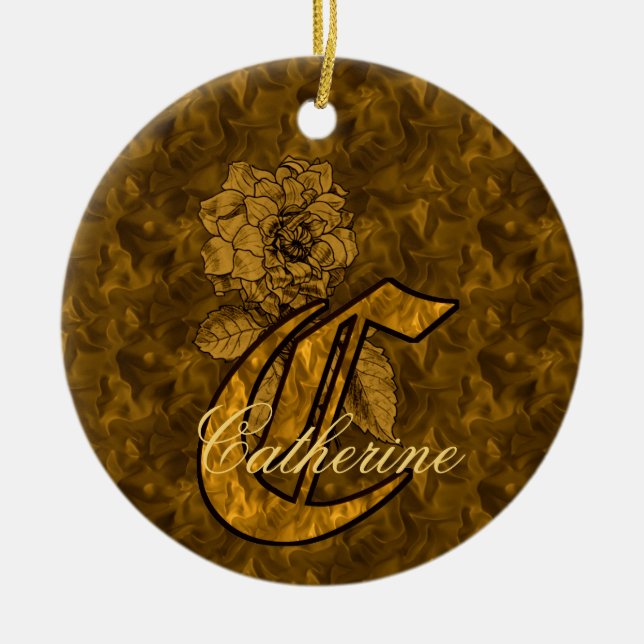 Monogram Initial C Elegant Gold Peony Personalized Ceramic Ornament (Front)