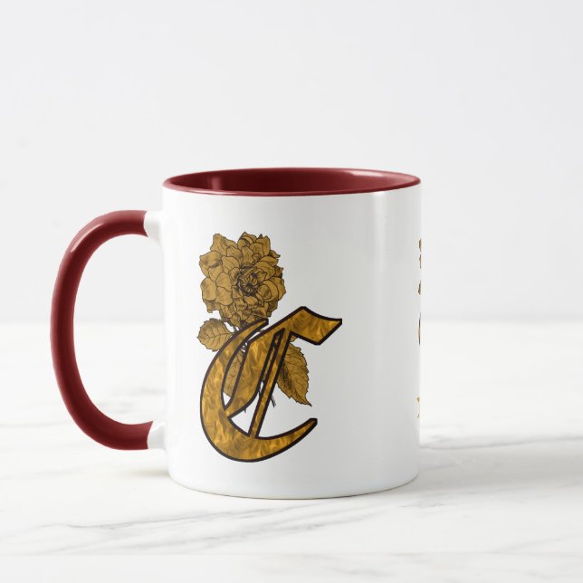 Monogram Initial C Elegant Gold Peony Personalized Mug (Left)
