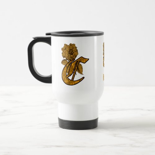 Monogram Initial C Elegant Gold Peony Personalized Travel Mug