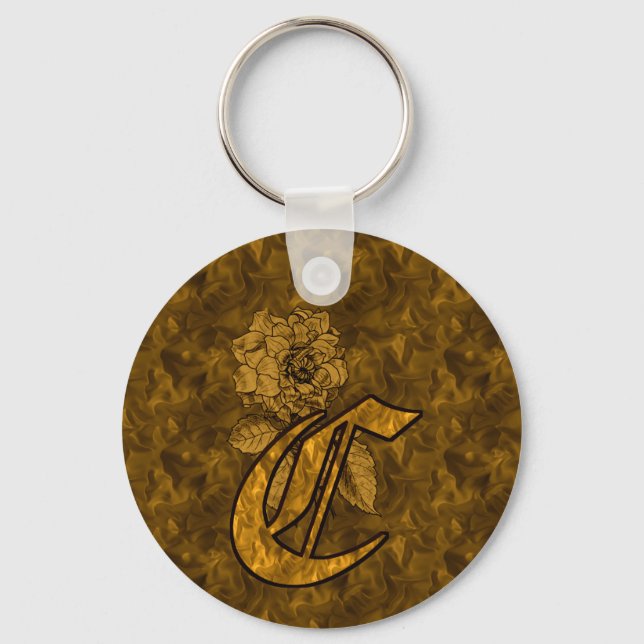 Monogram Initial C Gold Peony Flower Keychain (Front)