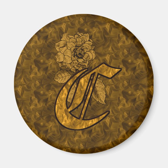 Monogram Initial C Gold Peony Flower Magnet (Front)