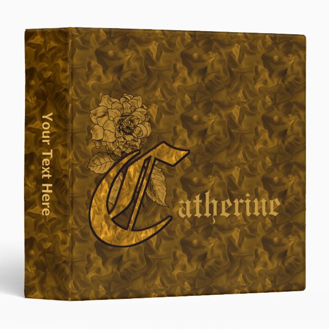 Monogram Initial C Gold Satin Peony Personalized 3 Ring Binder (Front/Spine)