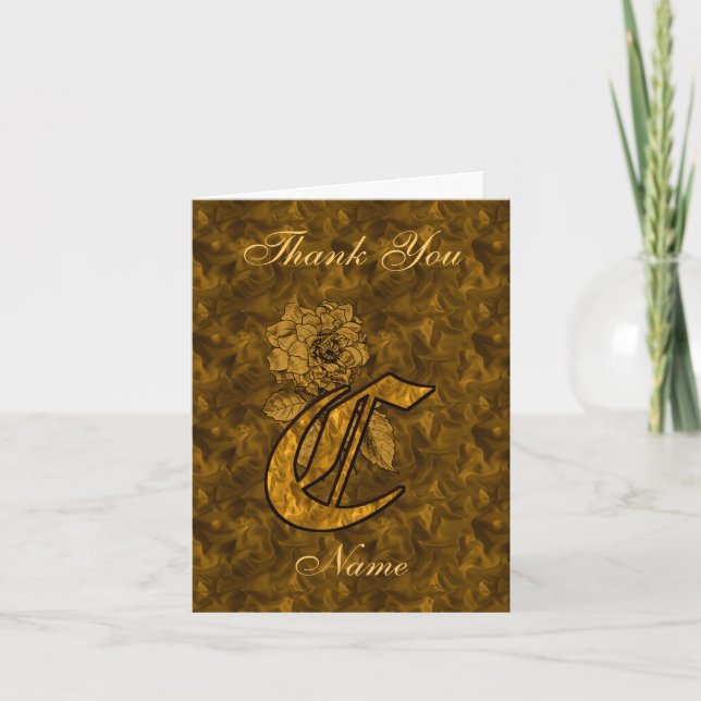 Monogram Initial C Gold Satin Peony Personalized Letterpress Thank You Card (Front)