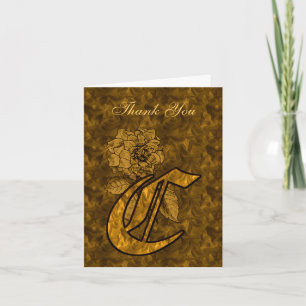 Monogram Initial C Gold Satin Peony Thank You Card