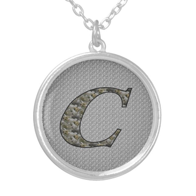 Monogram Initial C Hydrangea Flowers Silver Plated Necklace (Front)