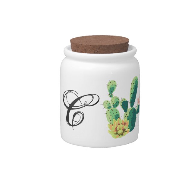 Monogram Initial Candy Jar Bohemian Cactus Succule (Front)