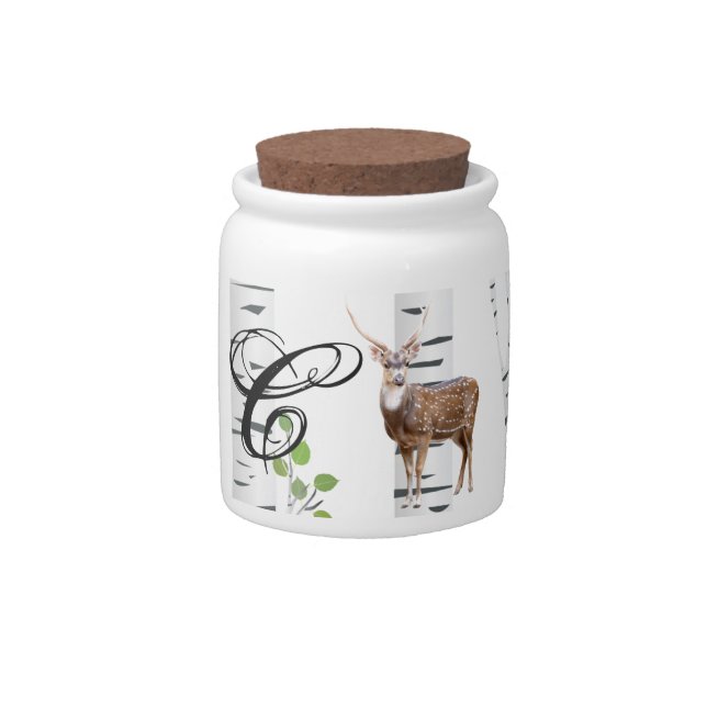 Monogram Initial Candy Jar Deer Doe Buck Woodland (Front)