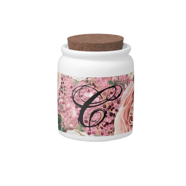 Monogram Initial Candy Jar Geometric Garden Rose (Front)