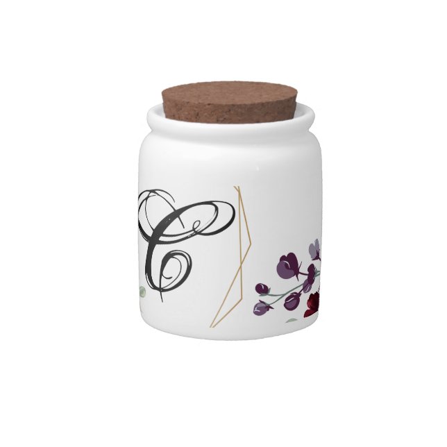 Monogram Initial Candy Jar White Roses Gold Geomet (Front)