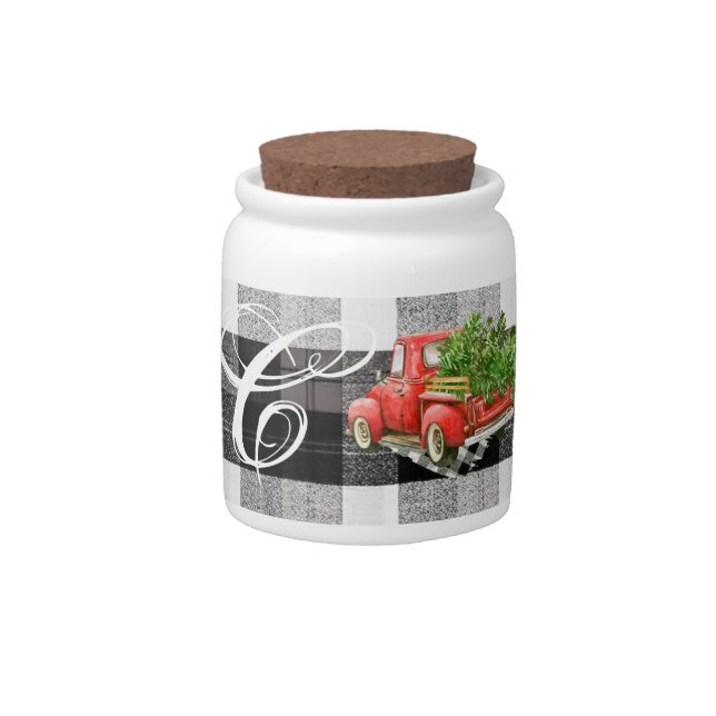 Monogram Initial Candy Jar XMAS Truck Baffalo Plai (Front)