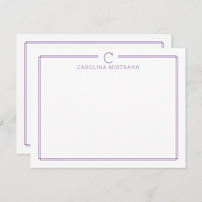 Monogram Initial Casual Purple Border Stationery Note Card (Front/Back)