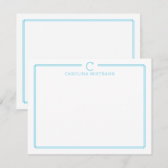 Monogram Initial Casual Sky Blue Border Stationery Note Card (Front/Back)