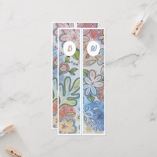 Monogram Initial Cheery Floral Two Bookmarks (Front/Back In Situ)