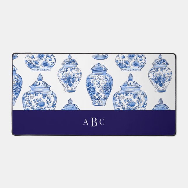 Monogram Initial Chinoiserie Floral China  Desk Mat (Front)