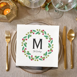 Monogram initial - Chrismas wreath Paper Dinner Napkins