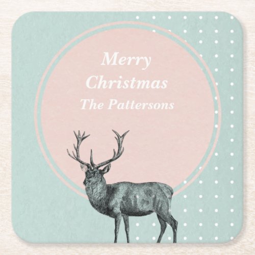 Monogram Initial Christmas Holidays Deer Stag Name Square Paper Coaster