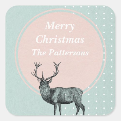 Monogram Initial Christmas Holidays Deer Stag Name Square Sticker