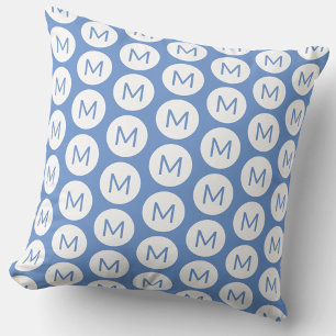 Monogram Initial Circle Pattern Blue Personalized Throw Pillow