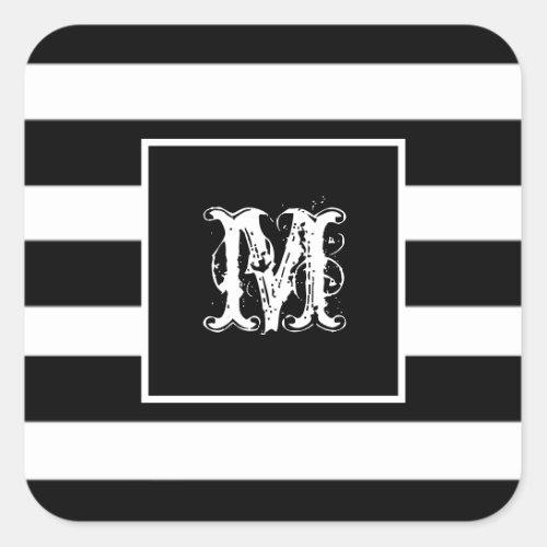 Monogram Initial Classy Chic Cool B  W Striped  Square Sticker