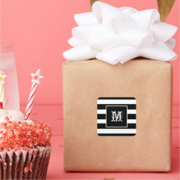 Monogram Initial Classy Chic Cool B & W Striped  Square Sticker