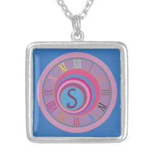 Monogram Initial Clock Pink Blue Purple Circles  Silver Plated Necklace