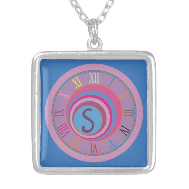 Monogram Initial Clock Pink Blue Purple Circles  Silver Plated Necklace (Front)