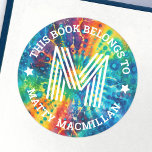 Monogram initial colorful tie dye kids book label<br><div class="desc">Bookplate labels featuring a your monogram initial and customizable text "this book belongs to" and your name on a colorful tie dye pattern background.</div>