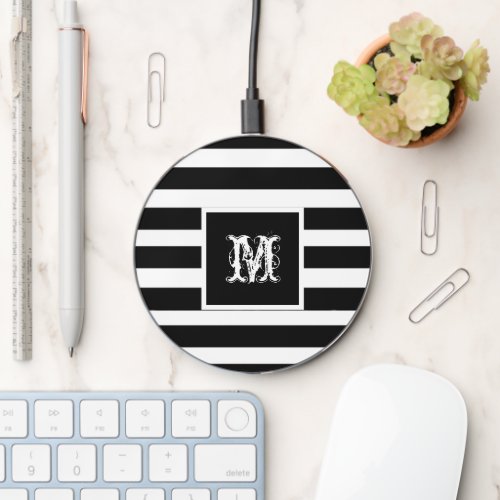 Monogram Initial Cool Black  White Striped Cute  Wireless Charger