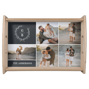 Monogram initial couple wreath modern elegant serving tray