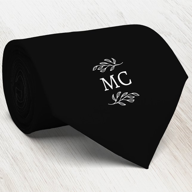 Monogram Initial Crest Botanical Leaf Black Neck Tie (Simple botanical leaf monogram initials personalized crest neck tie)