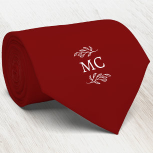 Monogram Initial Crest Botanical Leaf Burgundy Red Neck Tie